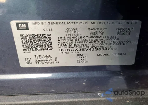 2018 Chevrolet Equinox Lt from USA, damaged, VIN 3GNAXJEV4JS634293